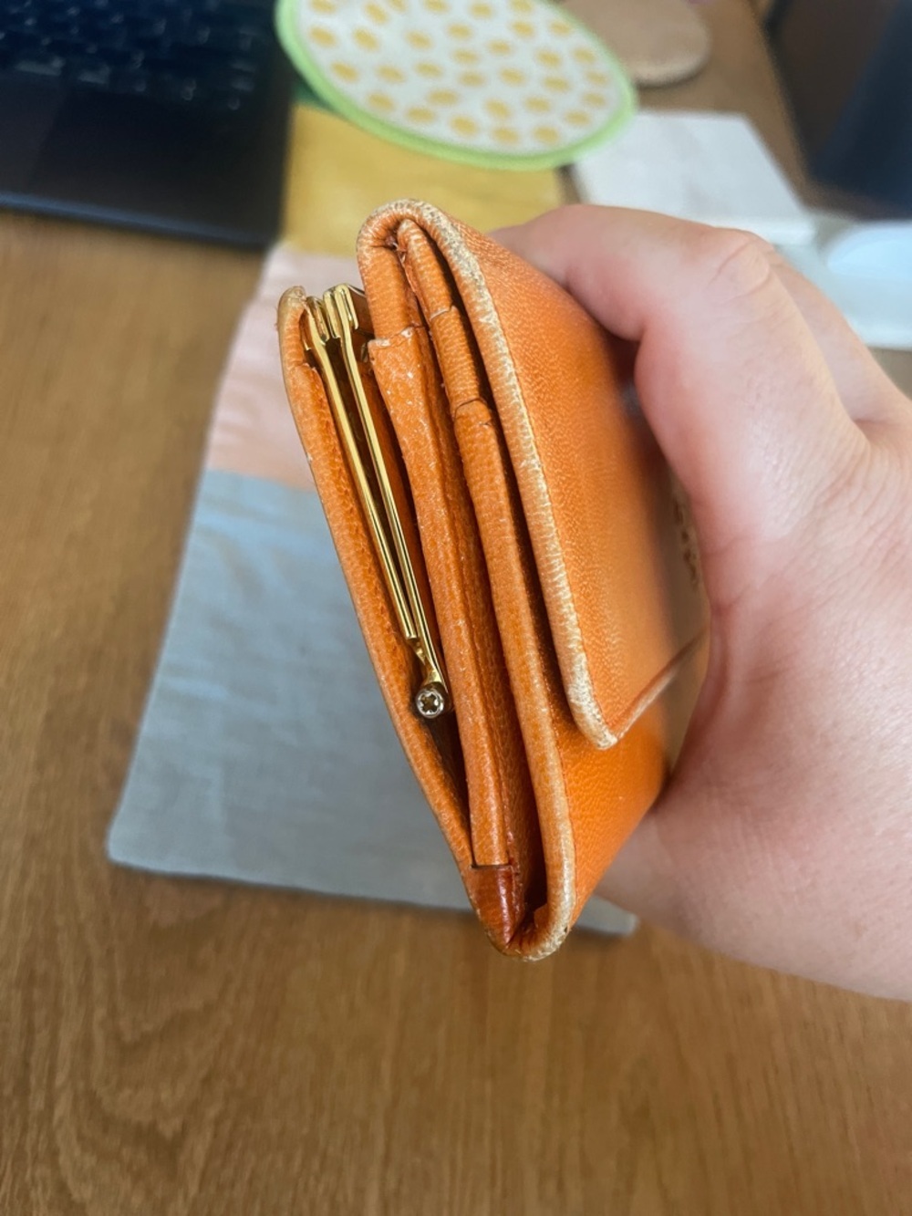 Prada Papaya Orange Pebbled Leather Continental Wallet Gold Log - Picture 8 of 14